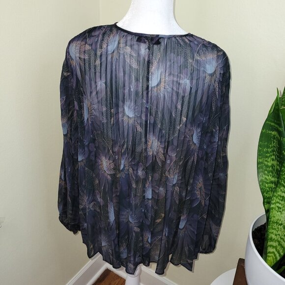 Vince Deco Blue Sheer Floral Pleated Blouse Top Women's S - Picture 5 of 13